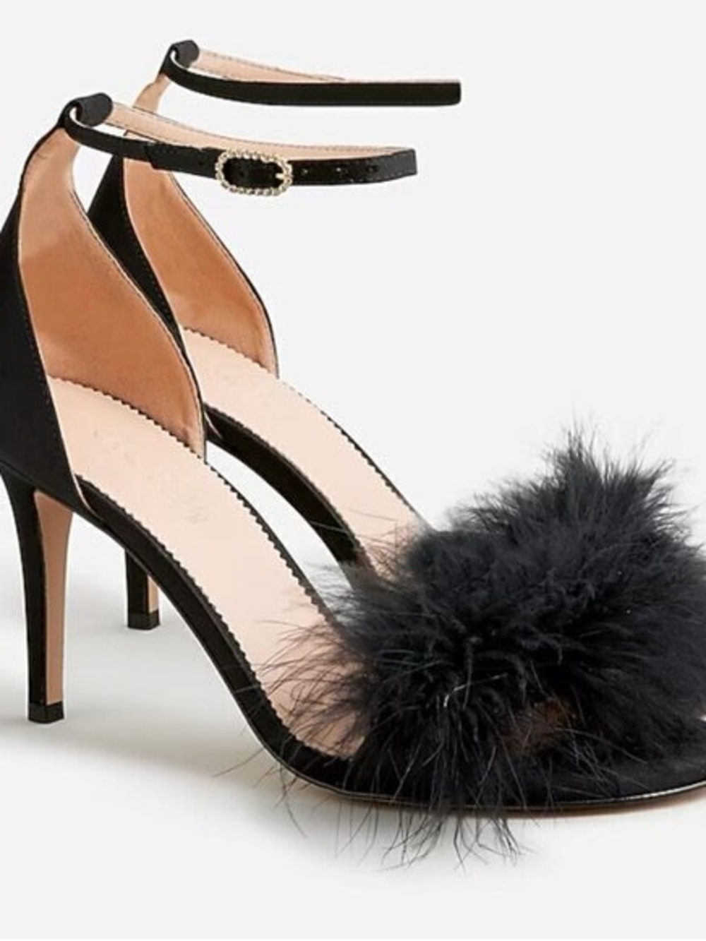 NWOT J. Crew Collection Black Feather Open-Toe Stiletto Satin Heels